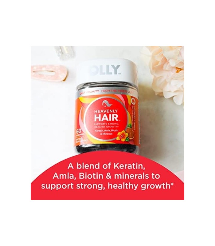 OLLY Heavenly Hair Gummies, Apoia o Forte Crescimento Saudável do Cabelo, Queratina, Biotina, Amla, Sabor Toranja, Suprimento pa