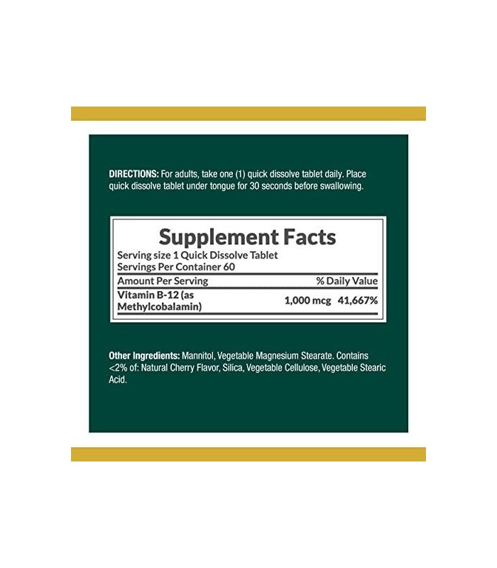 Vitamina B12 da Natures Bounty, Suplemento Vitamínico de Dissolução Rápida, Suporta Metabolismo Energético e Saúde do Sistema Ne