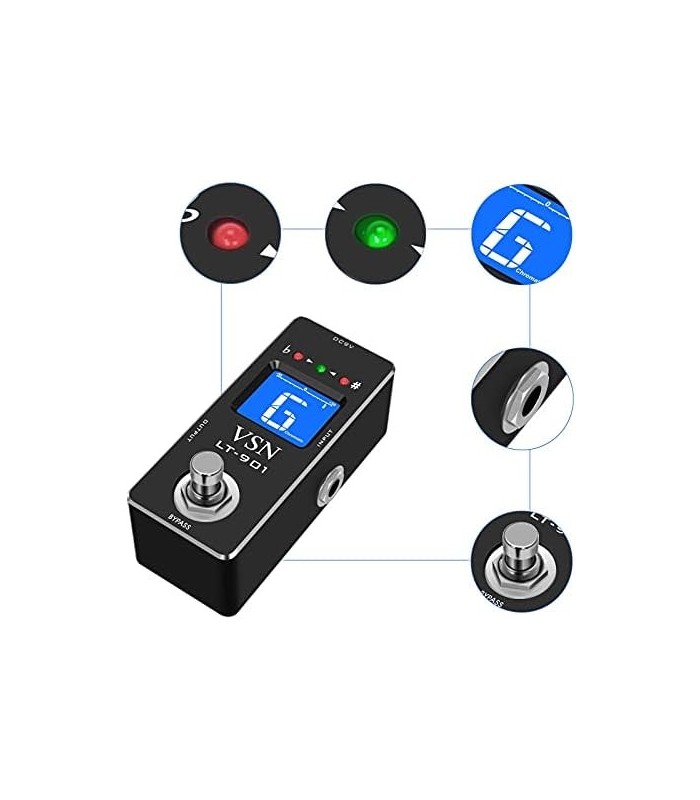 Pedal de afinador cromático de guitarra VSN para guitarra de precisão Pedal de afinador de baixo ± 1 centavo Estojo todo em meta