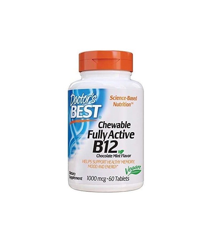 Doctors Best Chewable Totalmente Ativo B12 Chocolate Sabor Menta, Memória, Humor, Circulação e Bem-Estar, 1, 000mcg, 60 Comprimi