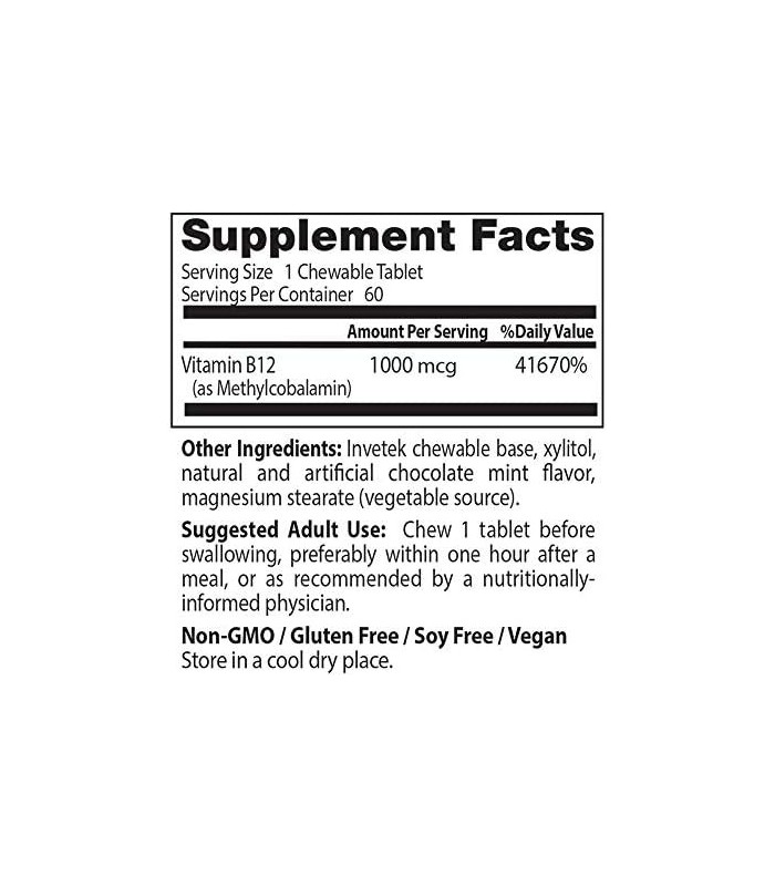 Doctors Best Chewable Totalmente Ativo B12 Chocolate Sabor Menta, Memória, Humor, Circulação e Bem-Estar, 1, 000mcg, 60 Comprimi