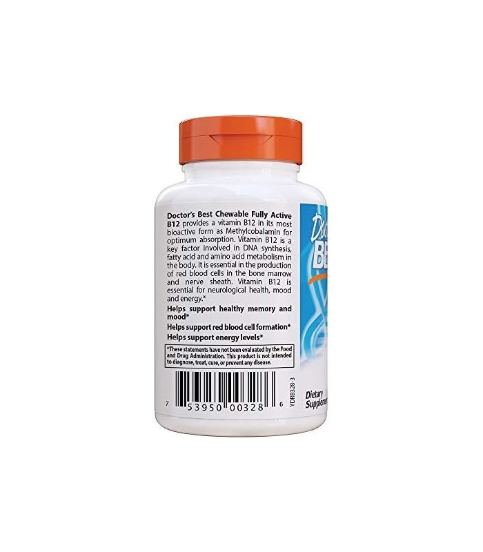 Doctors Best Chewable Totalmente Ativo B12 Chocolate Sabor Menta, Memória, Humor, Circulação e Bem-Estar, 1, 000mcg, 60 Comprimi