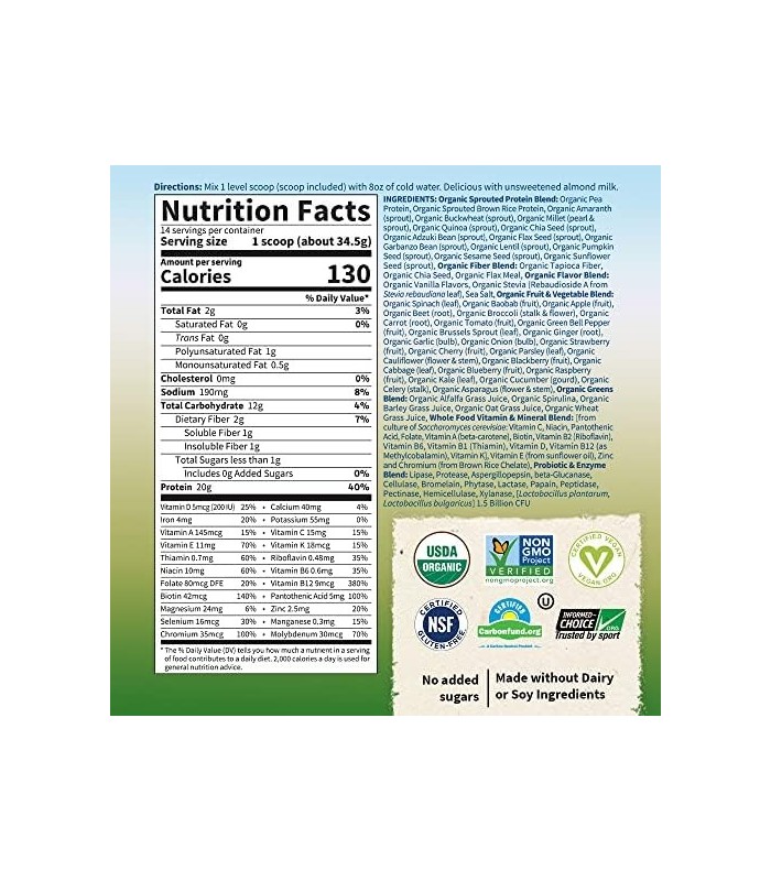 Pó de proteína vegana Garden of Life - Shakes de substituição de refeição orgânica crua - Baunilha - Proteína de ervilha, verdur