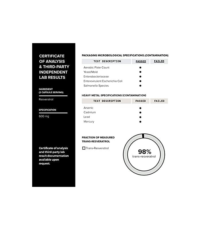 Toniiq Ultra Purity Resveratrol Capsules - 98% Trans-Resveratrol - Purificado e Biodisponível - Suplemento Reservatrol 60 Caps