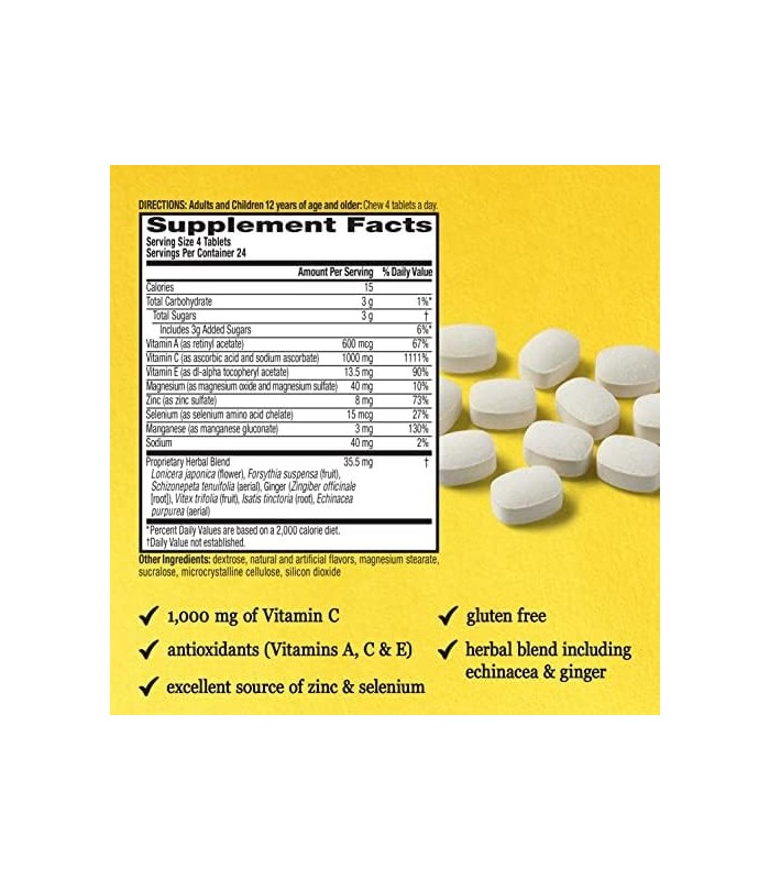 Airborne 1000 mg comprimidos mastigáveis ??com zinco, suplemento de suporte imunológico com poderosos antioxidantes vitaminas A