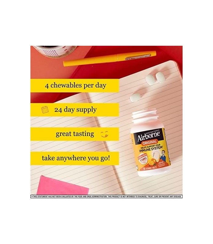Airborne 1000 mg comprimidos mastigáveis ??com zinco, suplemento de suporte imunológico com poderosos antioxidantes vitaminas A