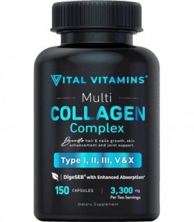 Vital Vitamins Multi Collagen Complex - Tipo I, II, III, V, X, Grass Fed, Non-GMO, 150 Cápsulas