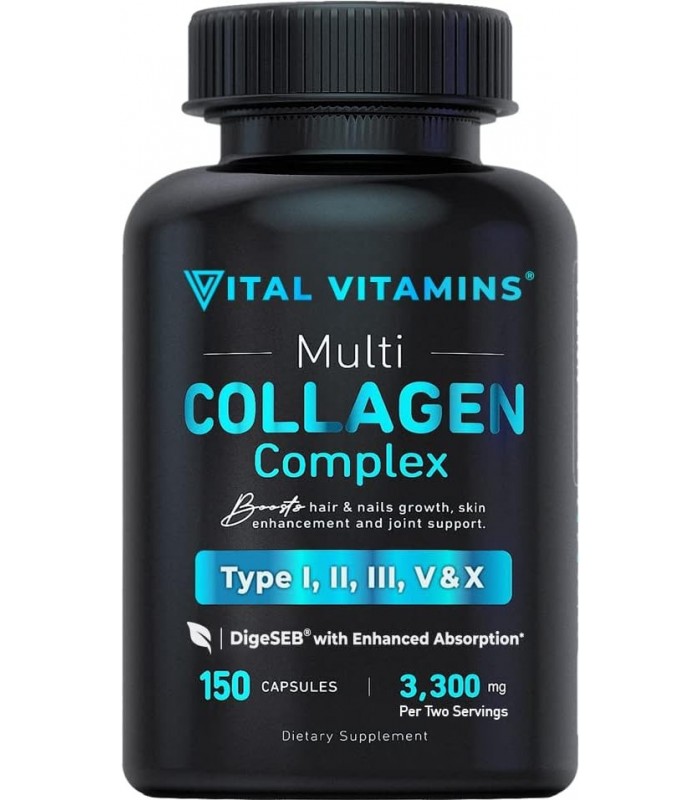 Vital Vitamins Multi Collagen Complex - Tipo I, II, III, V, X, Grass Fed, Non-GMO, 150 Cápsulas
