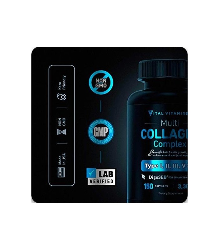 Vital Vitamins Multi Collagen Complex - Tipo I, II, III, V, X, Grass Fed, Non-GMO, 150 Cápsulas