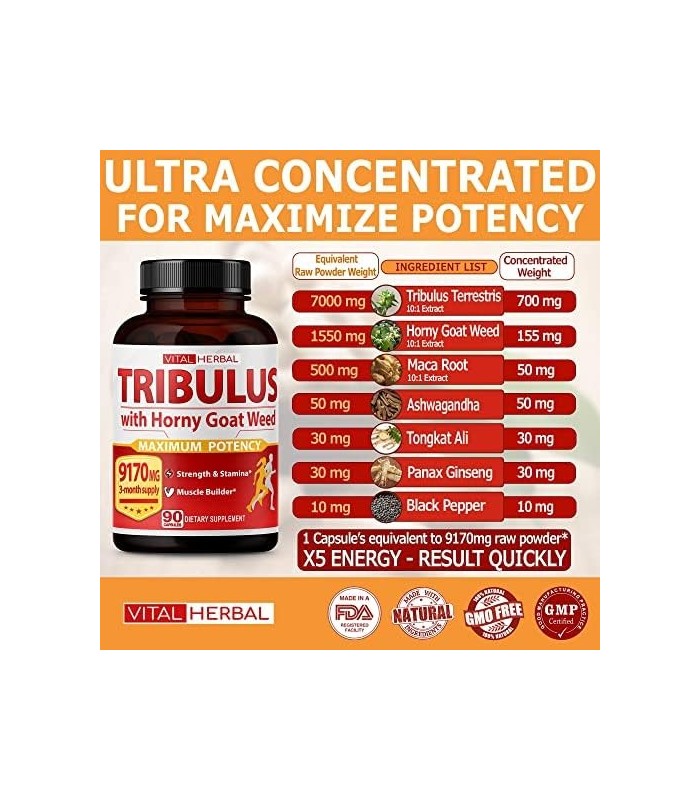 7 em 1 Ultra Tribulus Terrestris com Cápsulas Horny Goat Weed 9170 mg