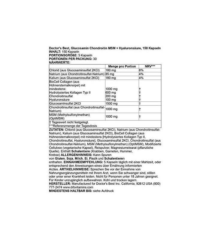 Doctors Best Glucosamina Condroitina MSM + Ácido Hialurônico com OptiMSM Com Colágeno Biocelular, Suporte para Articulações, Não