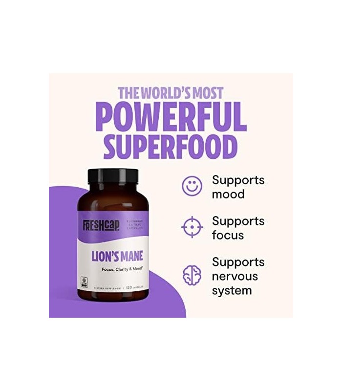 Suplemento de Cogumelo Juba de Leões FreshCap - Nootrópico Natural para a Saúde do Cérebro, Cognição e Humor - Suprimento para D