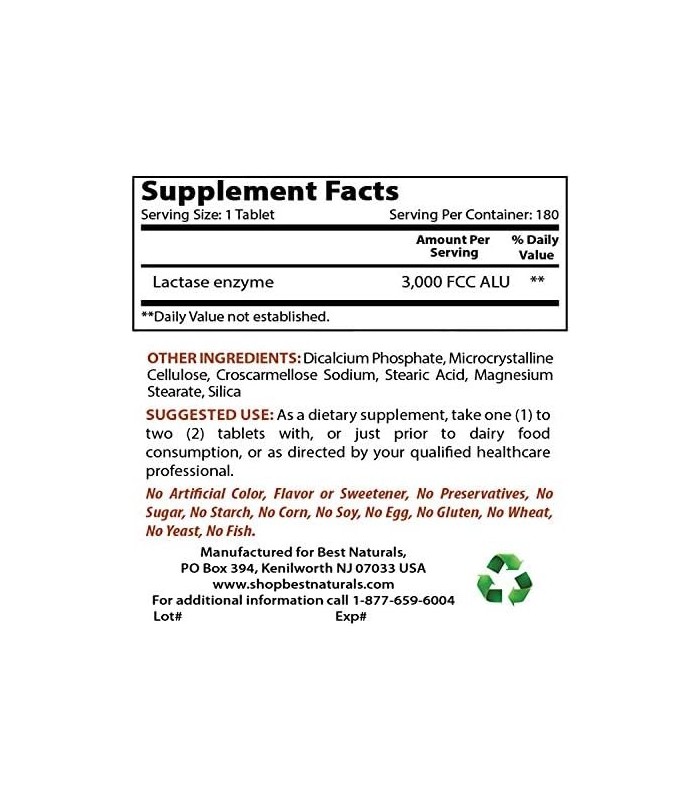 Best Naturals Fast Acting Lactase Enzyme Tablet, 3000 Fcc Alu, 180 Count (859375002900)