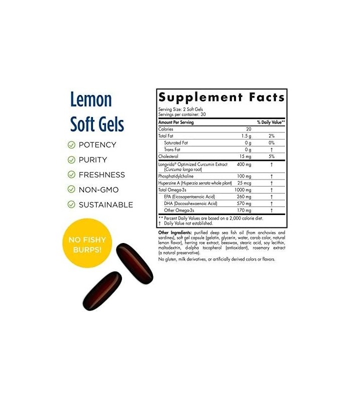 Nordic Naturals Omega Memory com curcumina, limão - 60 géis macios - 1000 mg Omega-3 + 400 mg curcumina otimizada - memória, cog