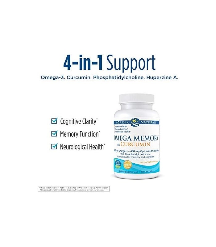 Nordic Naturals Omega Memory com curcumina, limão - 60 géis macios - 1000 mg Omega-3 + 400 mg curcumina otimizada - memória, cog