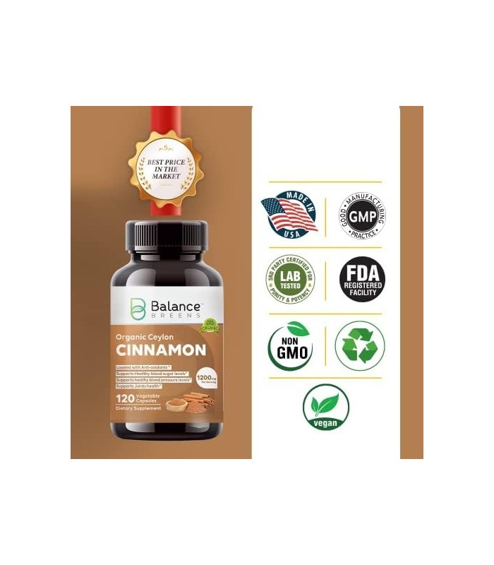 Canela de Ceilão Orgânica Certificada 1200mg - 120 Cápsulas Veg - Suporte ao Metabolismo do Açúcar, Suplemento de Suporte para a