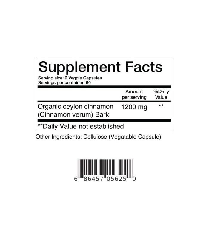 Canela de Ceilão Orgânica Certificada 1200mg - 120 Cápsulas Veg - Suporte ao Metabolismo do Açúcar, Suplemento de Suporte para a