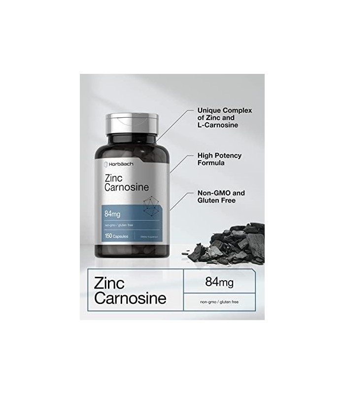 Suplemento de Carnosina de Zinco | 84mg por cápsula | 150 Contagem | Não transgênico e sem glúten | por Horbaach