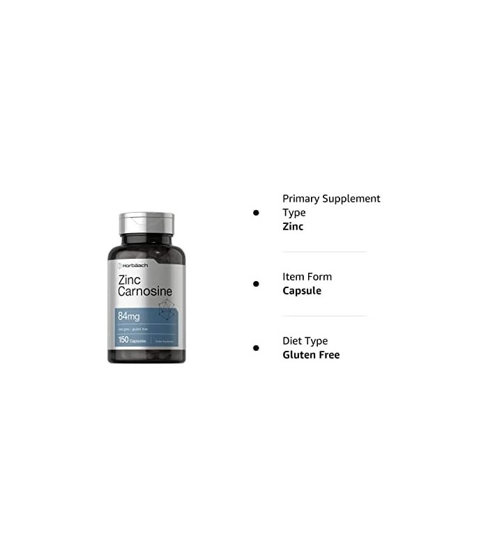 Suplemento de Carnosina de Zinco | 84mg por cápsula | 150 Contagem | Não transgênico e sem glúten | por Horbaach