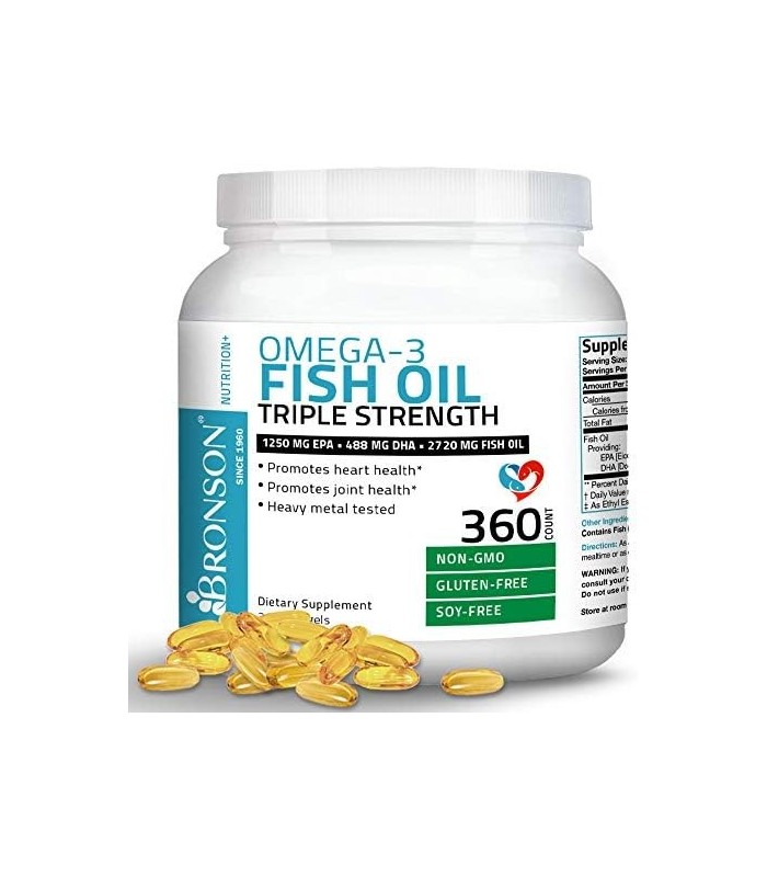 Bronson Omega 3 Óleo de Peixe Força Tripla 2720 mg, EPA 1250 mg DHA 488 mg, Non-GMO Heavy Metal Testado, 360 Softgels