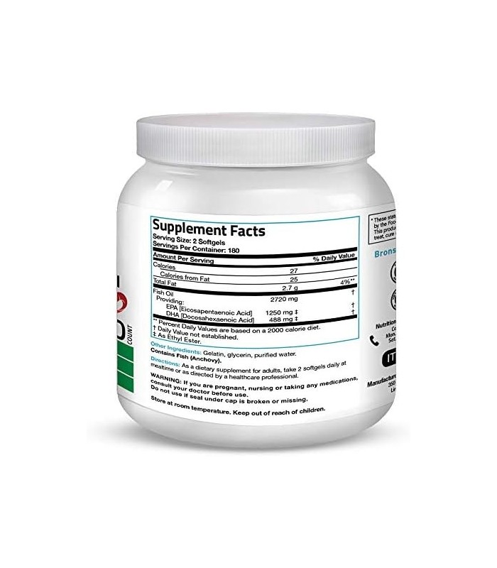 Bronson Omega 3 Óleo de Peixe Força Tripla 2720 mg, EPA 1250 mg DHA 488 mg, Non-GMO Heavy Metal Testado, 360 Softgels