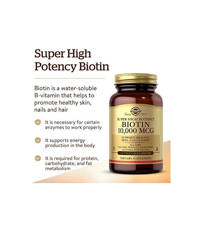 Solgar Biotina 10.000 mcg, 120 Cápsulas Vegetais - Energia, Metabolismo, Promove Pele, Unhas e Cabelos Saudáveis ??- Super Potên