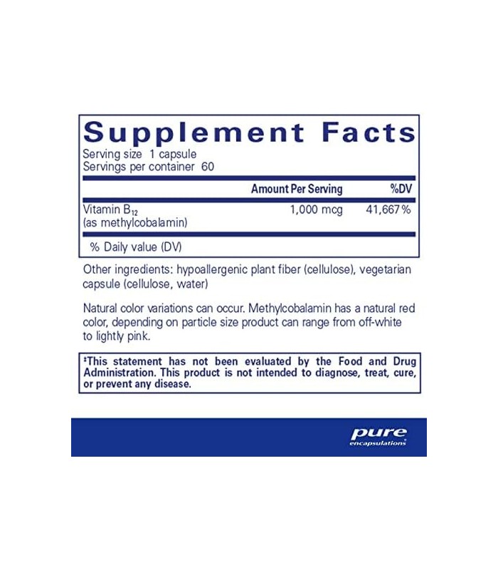 Encapsulações Puras Metilcobalamina 1.000 mcg | Suplemento de vitamina B12 para apoiar a memória e os nervos* | 60 cápsulas