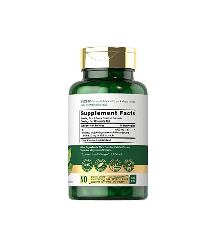 Carlyle Fo-Ti 1000mg | 180 Cápsulas | Raiz He-Shou-Wu | Erva Tradicional | Suplemento não transgênico e sem glúten