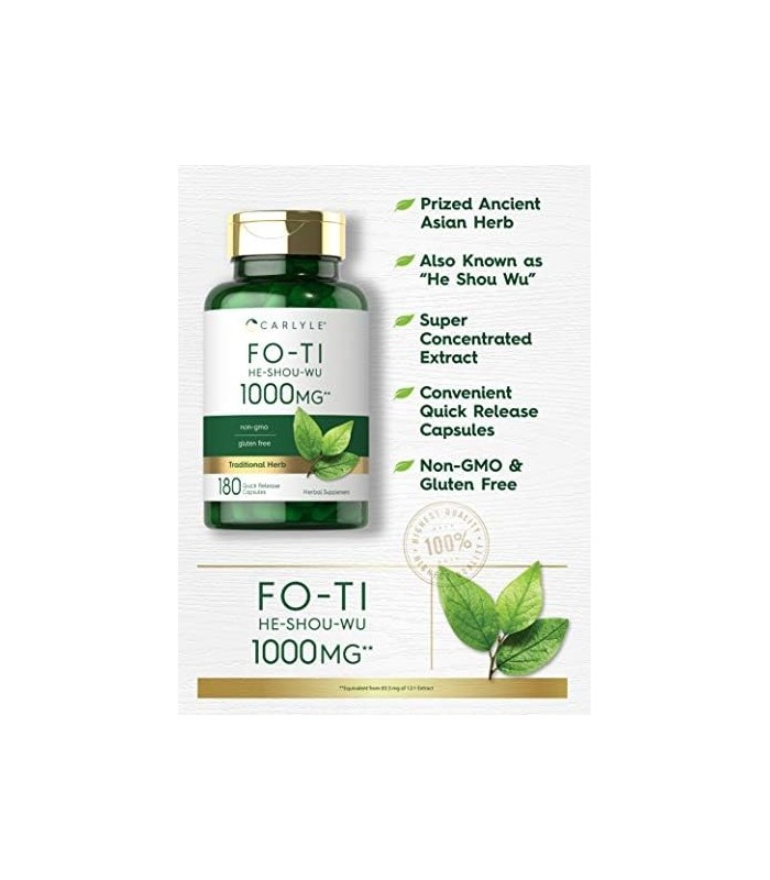 Carlyle Fo-Ti 1000mg | 180 Cápsulas | Raiz He-Shou-Wu | Erva Tradicional | Suplemento não transgênico e sem glúten