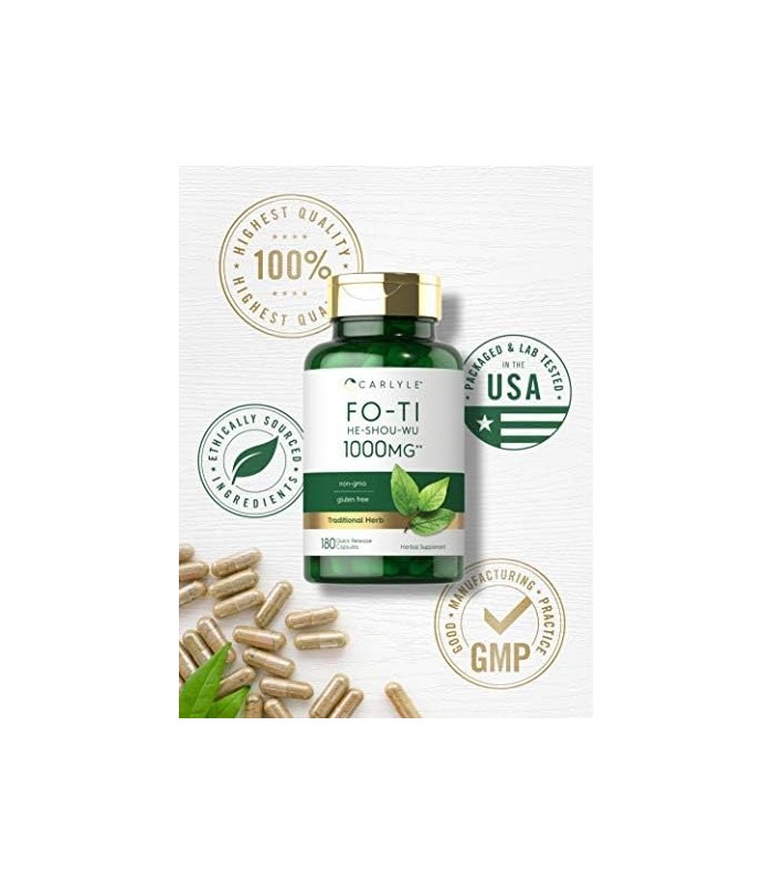 Carlyle Fo-Ti 1000mg | 180 Cápsulas | Raiz He-Shou-Wu | Erva Tradicional | Suplemento não transgênico e sem glúten