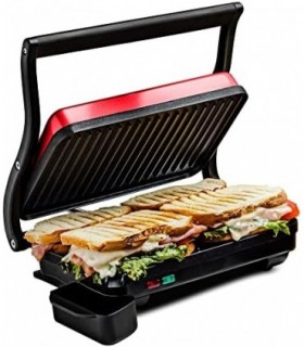 Grelhador Panini interno elétrico Ovente com placa dupla antiaderente, 1000 W com controle de termostato e bandeja removível par