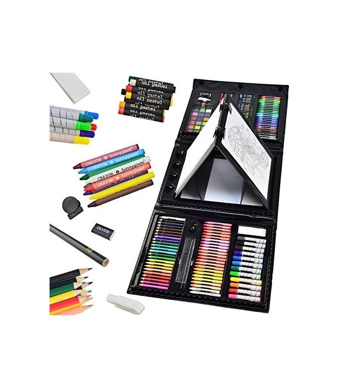 Sunnyglade 185 peças conjunto de arte de cavalete dupla face com três dobras, caixa de arte de desenho com pastéis de óleo, giz