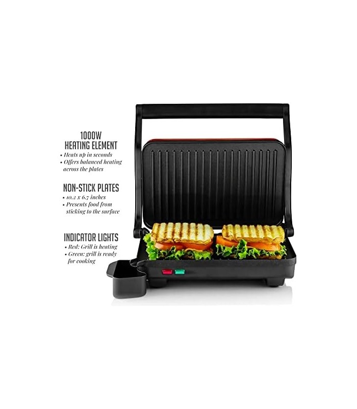 Grelhador Panini interno elétrico Ovente com placa dupla antiaderente, 1000 W com controle de termostato e bandeja removível par