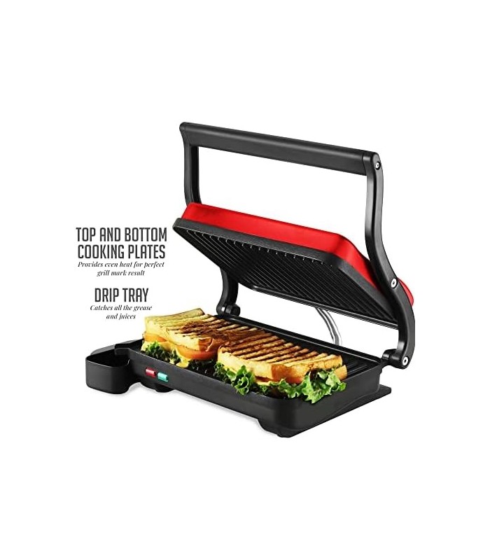 Grelhador Panini interno elétrico Ovente com placa dupla antiaderente, 1000 W com controle de termostato e bandeja removível par