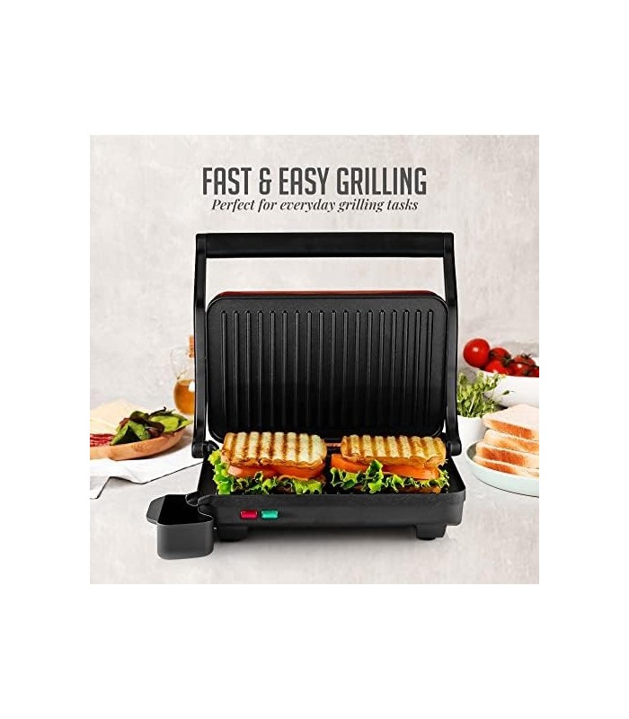 Grelhador Panini interno elétrico Ovente com placa dupla antiaderente, 1000 W com controle de termostato e bandeja removível par