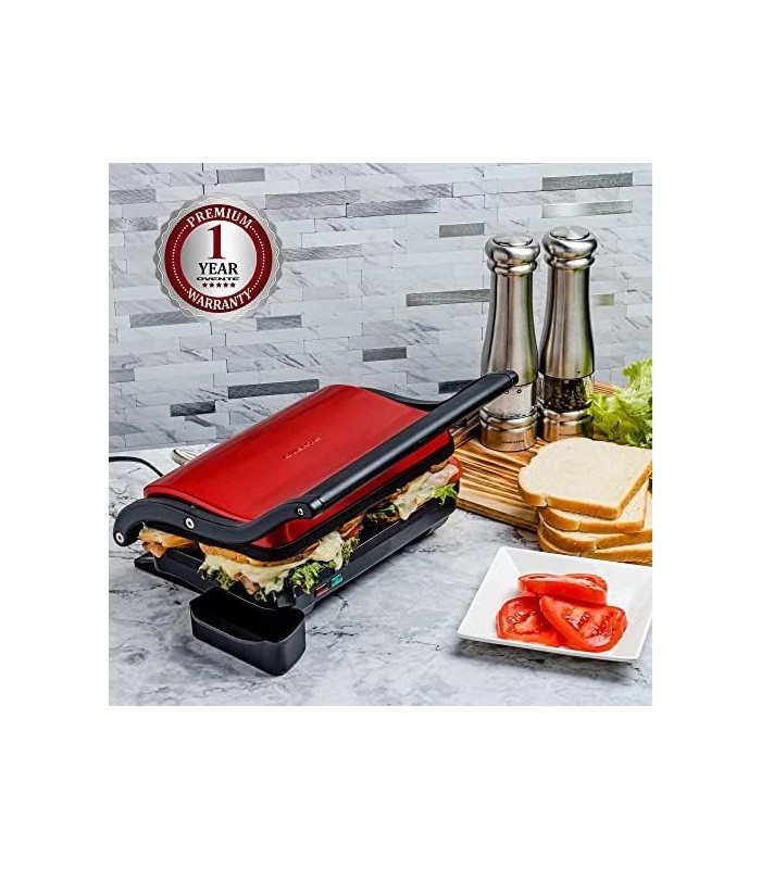 Grelhador Panini interno elétrico Ovente com placa dupla antiaderente, 1000 W com controle de termostato e bandeja removível par