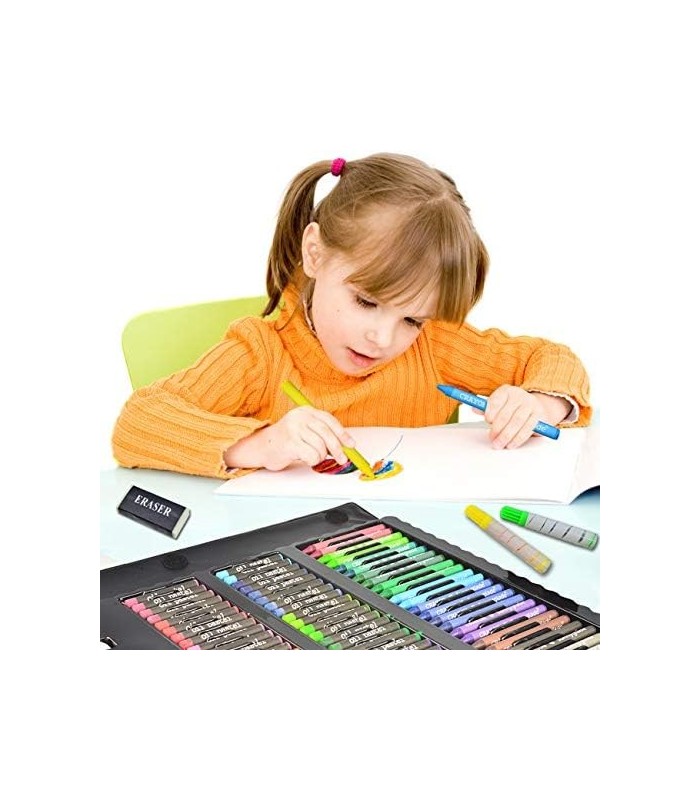 Sunnyglade 185 peças conjunto de arte de cavalete dupla face com três dobras, caixa de arte de desenho com pastéis de óleo, giz