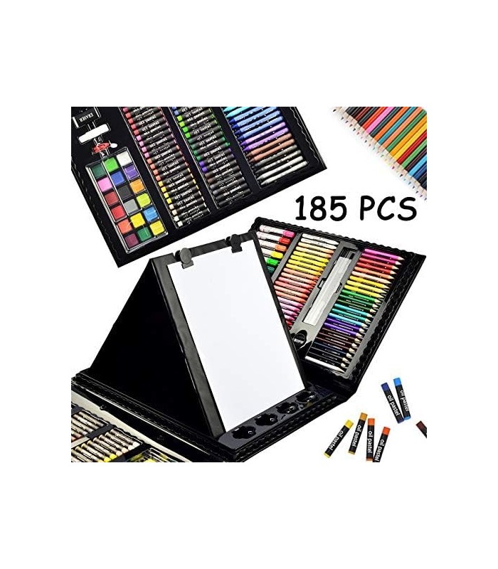 Sunnyglade 185 peças conjunto de arte de cavalete dupla face com três dobras, caixa de arte de desenho com pastéis de óleo, giz