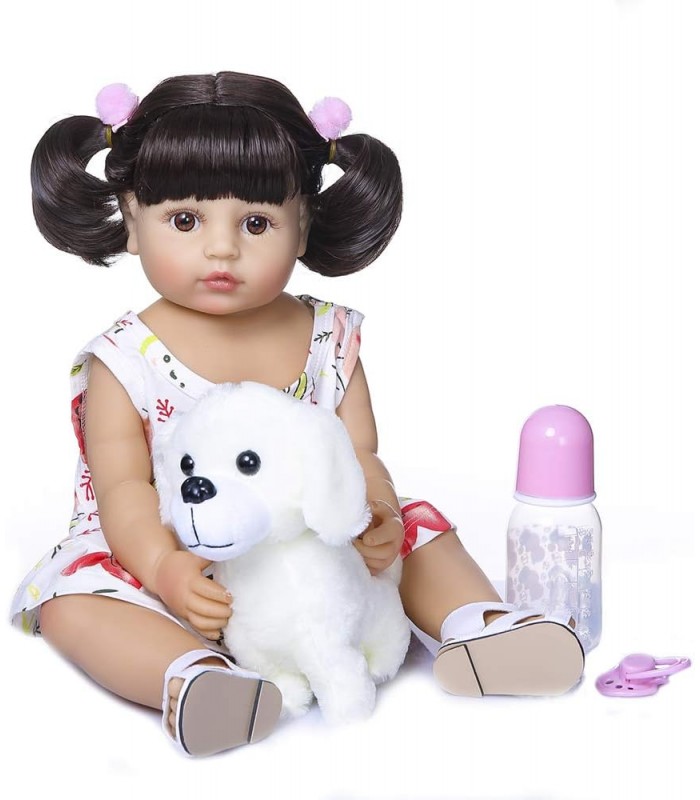 Boneca Reborn para bebês 48 centímetros Cabelo loiro Vinil de silicone Olhos azuis Acessórios de vestido rosa