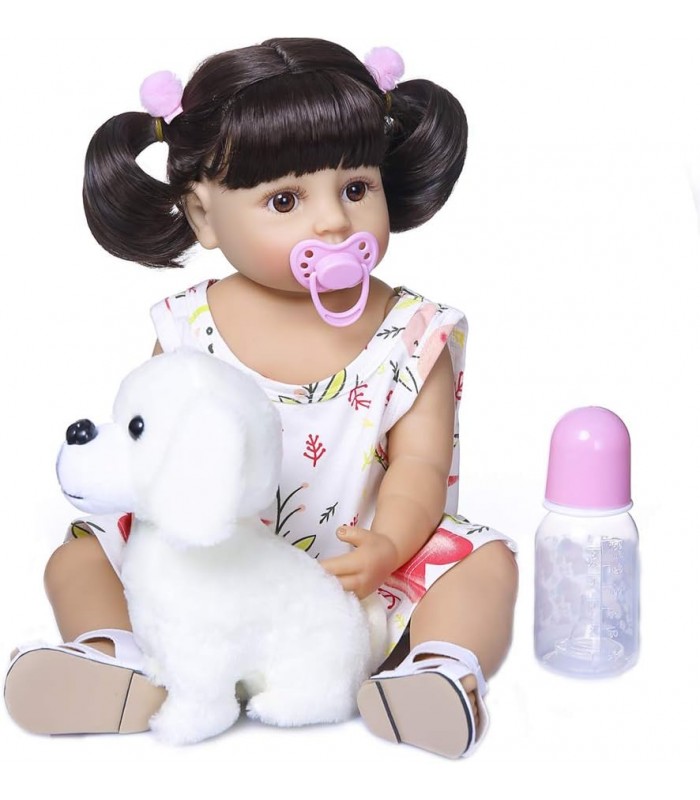 Boneca Reborn para bebês 48 centímetros Cabelo loiro Vinil de silicone Olhos azuis Acessórios de vestido rosa