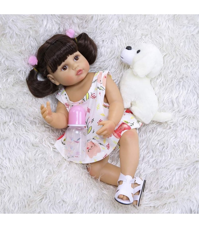 Boneca Reborn para bebês 48 centímetros Cabelo loiro Vinil de silicone Olhos azuis Acessórios de vestido rosa