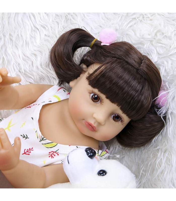 Boneca Reborn para bebês 48 centímetros Cabelo loiro Vinil de silicone Olhos azuis Acessórios de vestido rosa