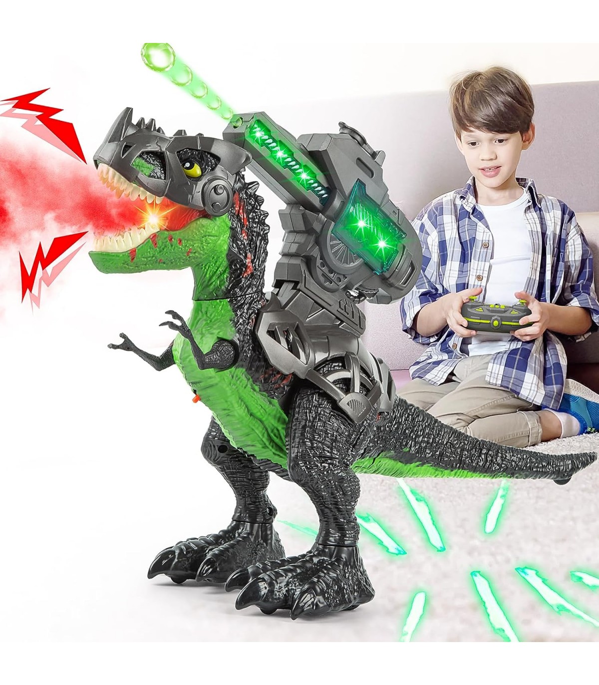 Dinossauro biônico T-Rex de armadura elétrica realista com bombas de água,  luzes e rugido, controle remoto Spray de névoa