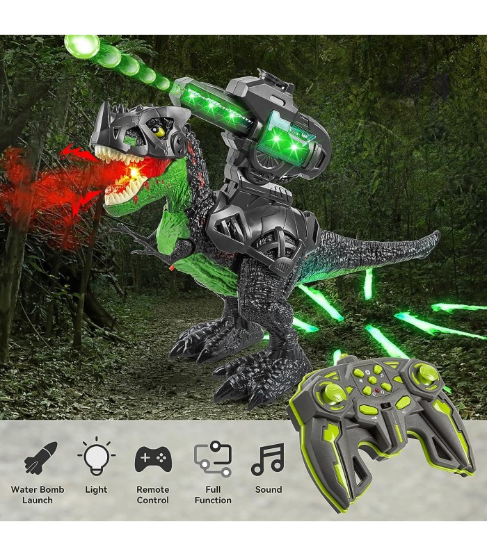 Dinossauro biônico T-Rex de armadura elétrica realista com bombas de água, luzes e rugido, controle remoto Spray de névoa
