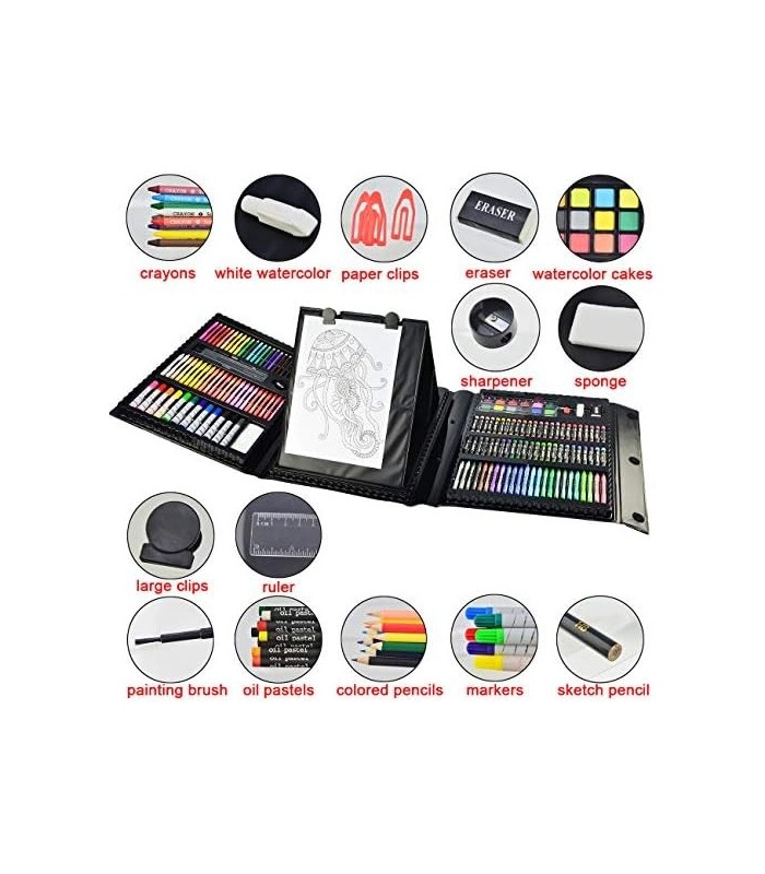 Sunnyglade 185 peças conjunto de arte de cavalete dupla face com três dobras, caixa de arte de desenho com pastéis de óleo, giz
