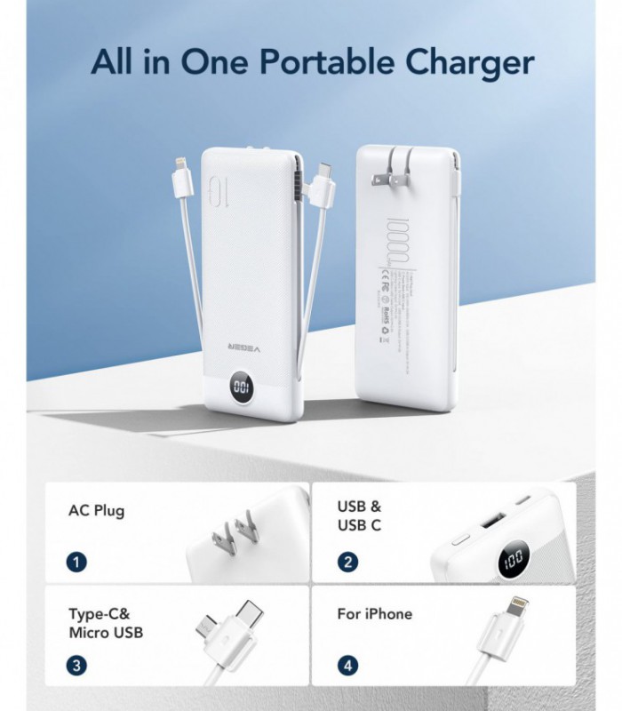 BLAVOR Carregador solar Power Bank 20000mAh integrado em 4 cabos, bateria externa de carregamento rápido de 20W com USB C, luz 