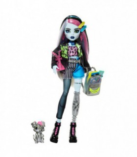 Boneca Monster High Frankie Stein em jaqueta jeans e shorts, inclui Watzie para cachorro de estimação e acessórios como mochi