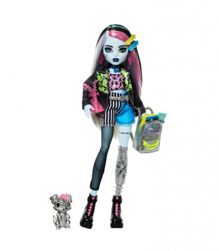 Boneca Monster High Frankie Stein em jaqueta jeans e shorts, inclui Watzie para cachorro de estimação e acessórios como mochi
