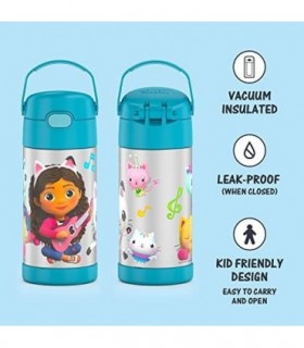 THERMOS FUNTAINER 12 onças de aço inoxidável isolado a vácuo Garrafa de canudo para crianças, Gabbys Dollhouse