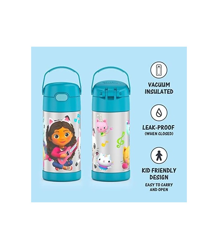 THERMOS FUNTAINER 12 onças de aço inoxidável isolado a vácuo Garrafa de canudo para crianças, Gabbys Dollhouse